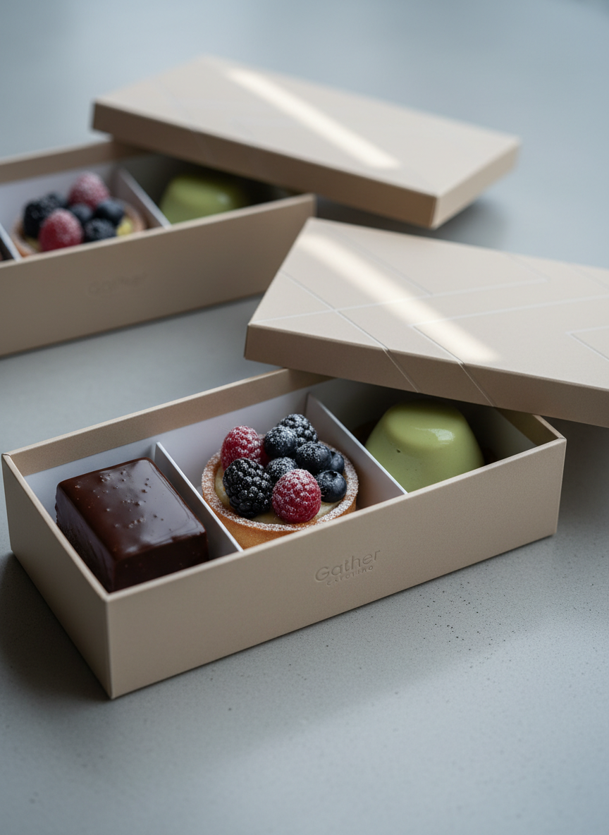 A curated dessert bento collection arranged on a smooth, pale concrete surface, highlighting Gather Catering’s bespoke sweet offerings. Each compact bento box features individual sections with petite desserts: a glossy dark chocolate square with a mirror finish, a jewel-like fruit tart topped with muted berries, and a minimalist matcha mousse in a soft pastel tone. The boxes are in soft matte beige with understated embossing on the lids, some gently tilted to reveal contents. Cool, directional side lighting creates delicate reflections and soft-edged shadows, emphasizing the textures of glazes and creams. Shot close-up with a shallow depth of field, the front-most box is in sharp focus while others recede into a gentle blur. The mood is indulgent yet controlled, with a sophisticated, minimalist photographic style.